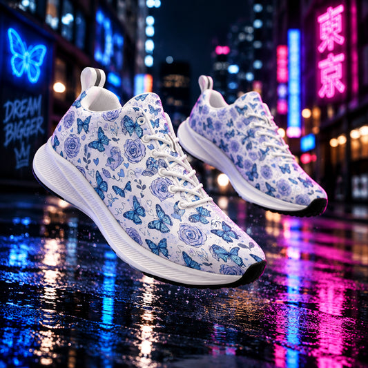 Blue Butterfly Bliss Sneakers with vibrant blue butterfly accents, breathable mesh upper, and cushioned everyday comfort sole.