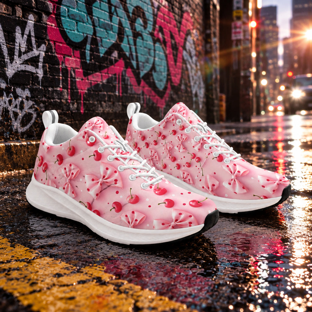 Cherry Bliss Bow Comfort Sneakers in soft cherry pink, featuring a signature bow detail, lightweight cushioning, breathable mesh, and flexible traction for everyday comfort and casual wear.