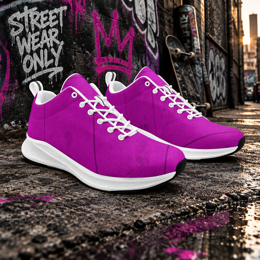 Close‑up of Fuchsia Velvet Aura Sneakers showcasing soft velvet finish, bold fuchsia color, supportive cushioning, and a polished contemporary design.