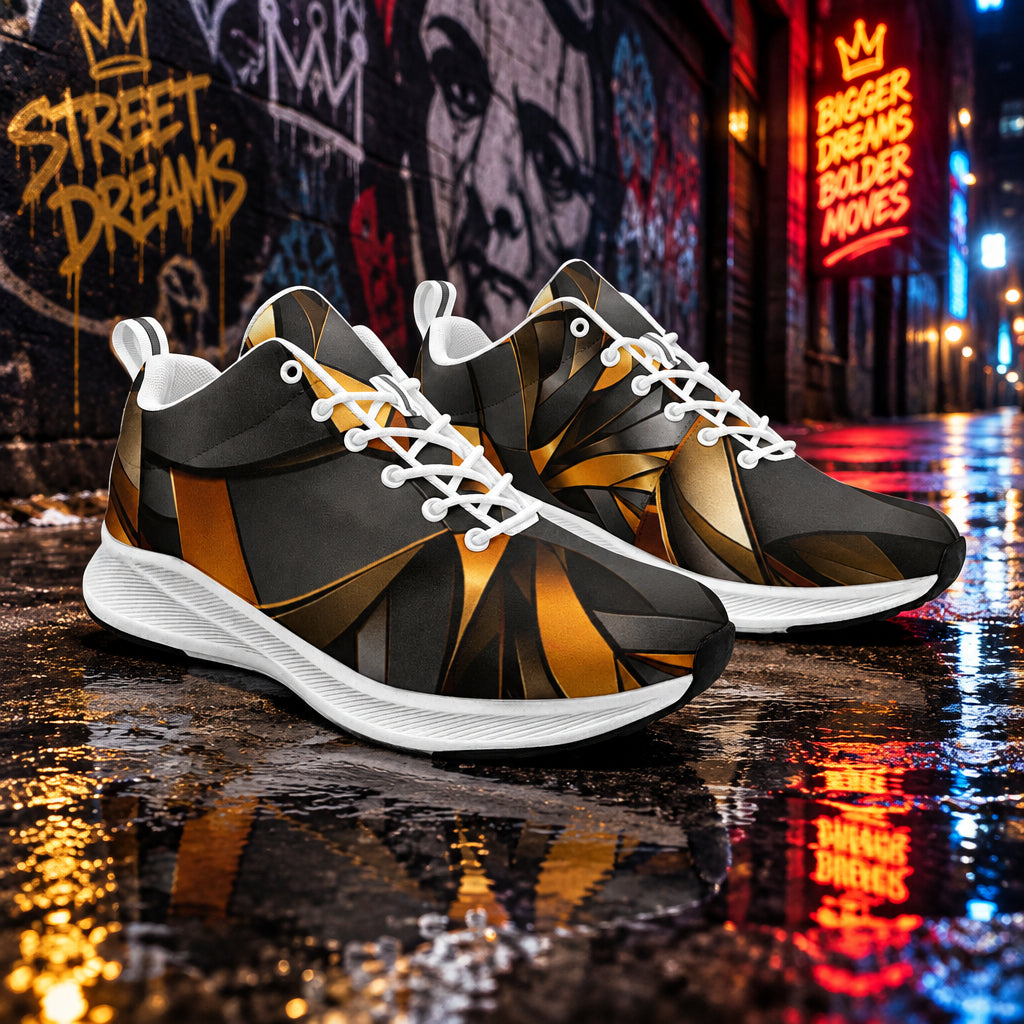 Women’s Golden Eclipse Luxe Sneakers featuring shimmering gold detailing, cushioned sole, and modern everyday wear styling.