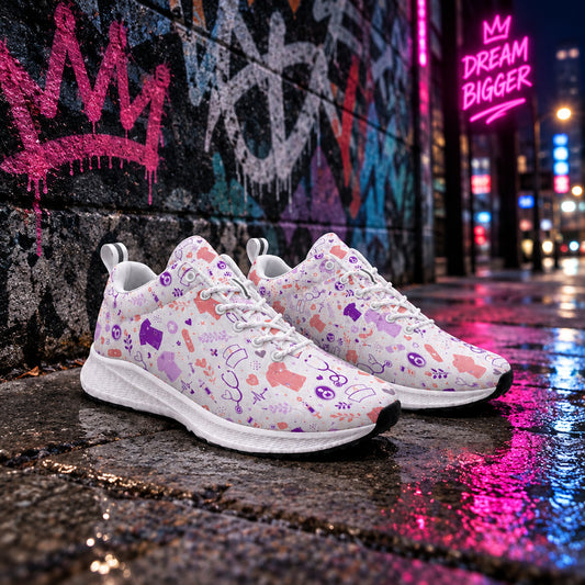 Pair of women's athletic sneakers featuring a pastel medical-themed print with scrubs, stethoscopes, bandages, and hearts in shades of lavender, purple, and soft pink on a white upper with a white midsole and black rubber outsole