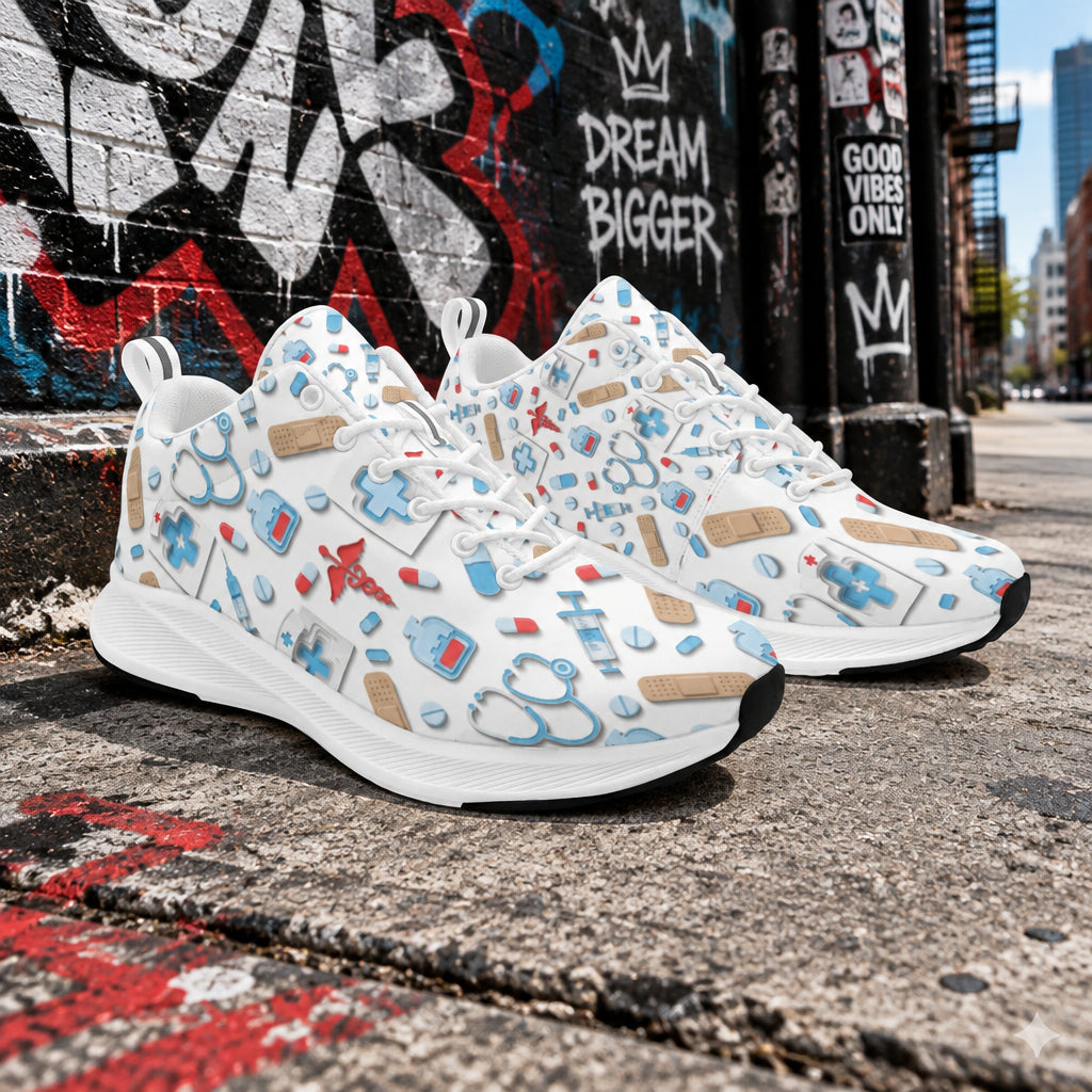 Medical Maven Luxe Sneakers featuring premium comfort mesh, medical‑themed accents, and a sleek white‑and‑red healthcare design.