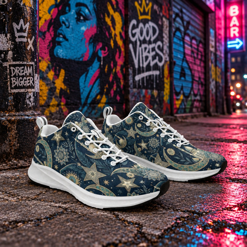Midnight Celeste Performance Sneakers in deep midnight blue, lightweight build, breathable mesh, cushioned sole, flexible traction for daily wear and active movement.