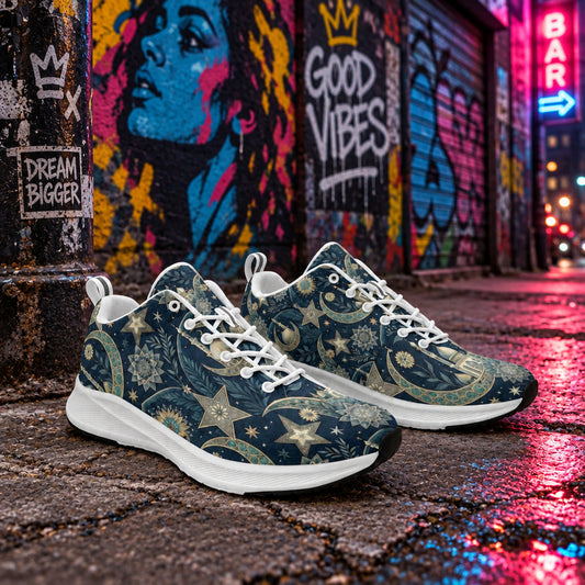 Midnight Celeste Performance Sneakers in deep midnight blue, lightweight build, breathable mesh, cushioned sole, flexible traction for daily wear and active movement.
