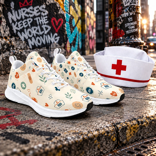 Pair of women's athletic sneakers featuring a light beige background with an all-over medical print including RN badges, nurse caps, bandages, hearts, and leafy accents, finished with white laces, a white cushioned midsole, and a black outsole.
