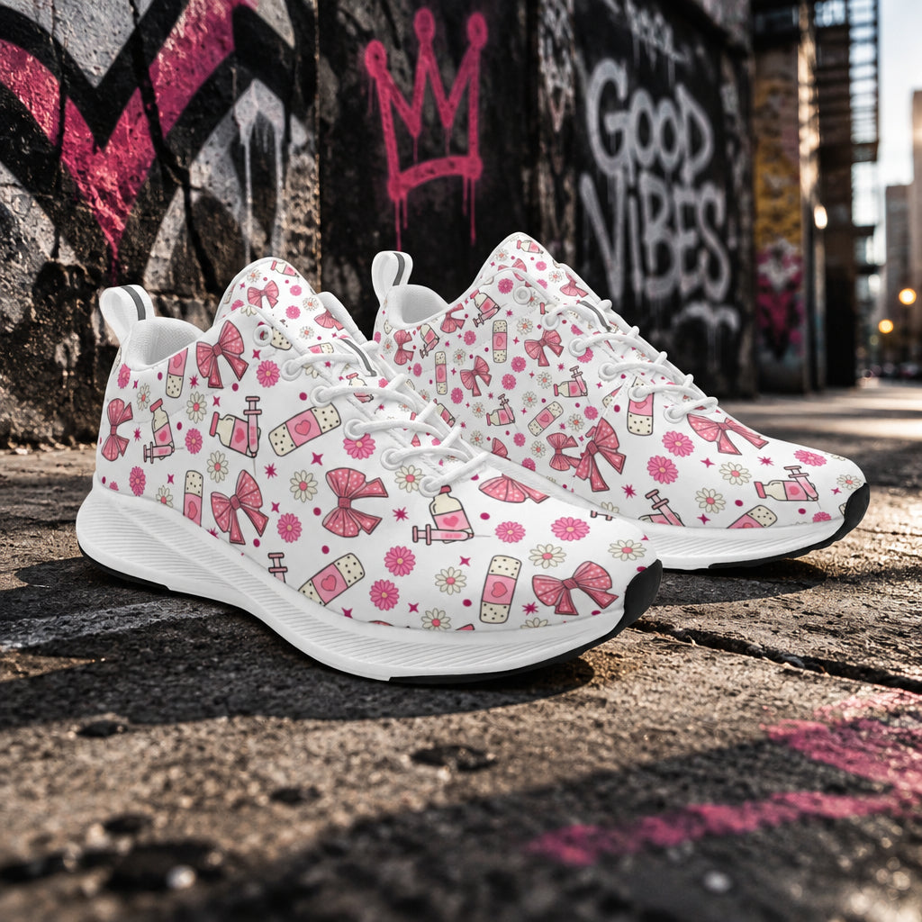 Pink Remedy Bliss Sneakers featuring soft blush tones, comfort‑mesh design, and subtle medical‑themed accents.