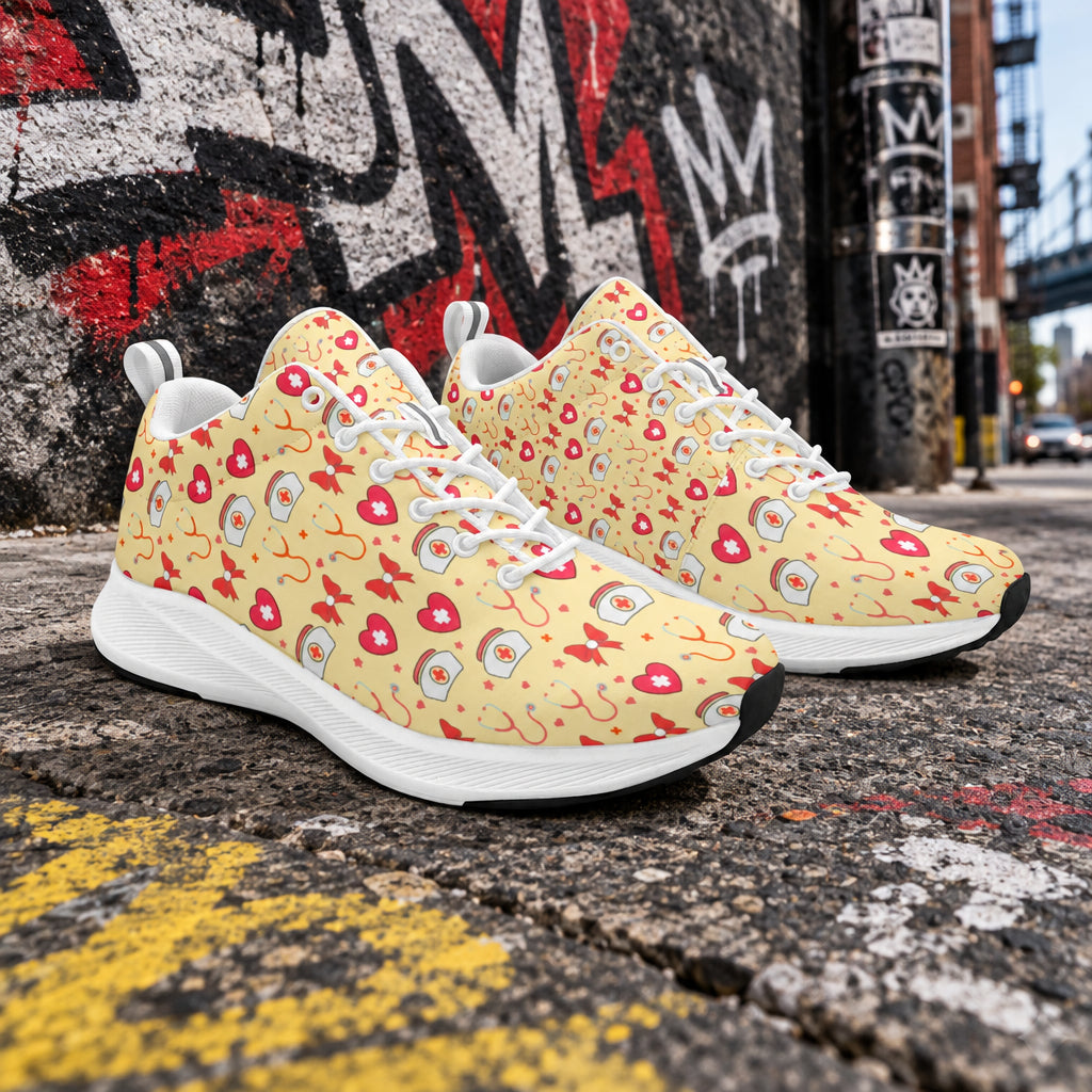 Red and white nurses’ hats pattern on women’s nursing shoes, medical‑themed footwear design.