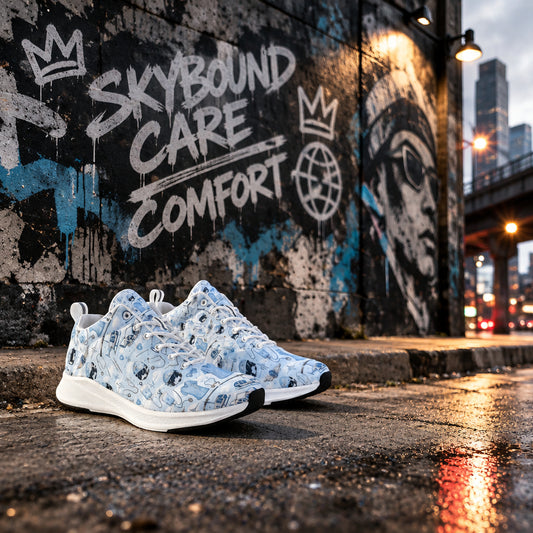 Pair of sky blue medical-patterned sneakers sitting on a helipad with a medical transport helicopter and city skyline blurred in the background.