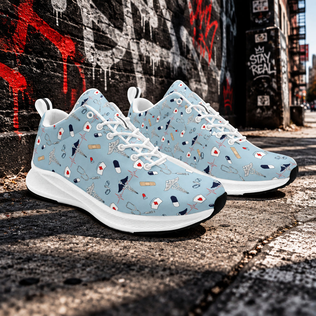 Skyline Caduceus Comfort Sneakers featuring a medical caduceus emblem, soft blue skyline accents, breathable mesh upper, cushioned support sole, and lightweight all‑day comfort for healthcare professionals.