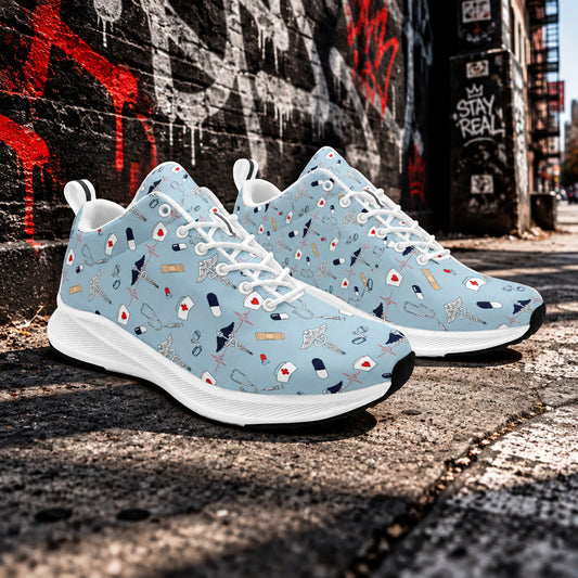 Skyline Caduceus Comfort Sneakers featuring a medical caduceus emblem, soft blue skyline accents, breathable mesh upper, cushioned support sole, and lightweight all‑day comfort for healthcare professionals.