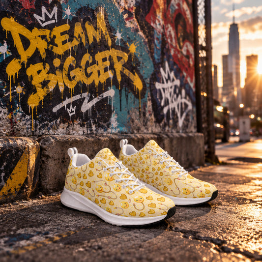 Main Image: Pair of women's bright yellow sneakers with a colorful pattern of smiling stethoscopes, hearts, and medical icons on a white background.