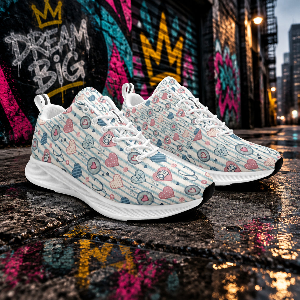 Sweetheart Scrubs Comfort Sneakers with soft pink scrub‑inspired accents, heart‑themed detailing, breathable mesh upper, and cushioned all‑day comfort for healthcare professionals.