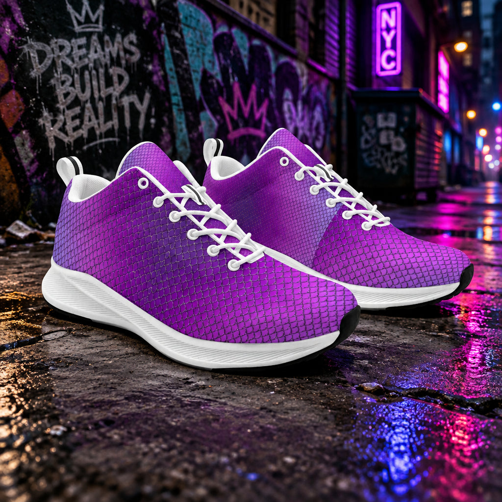 Women’s Violet Scales Luxe Sneakers featuring iridescent purple scale detailing, cushioned sole, and everyday comfort.